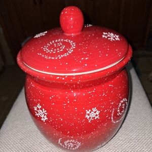 A Crofton red holiday cookie jar. It's pre-owned. Cheerful and festive.